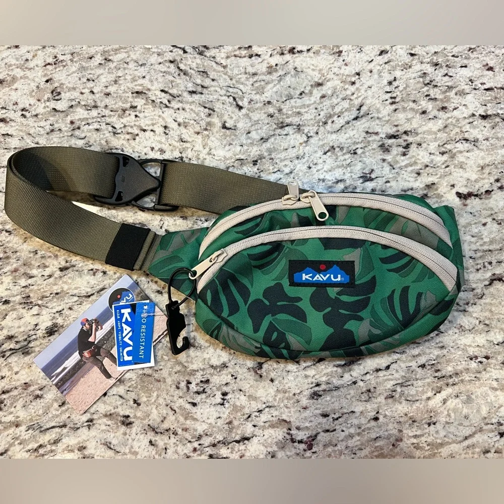 Kavu Green Leaf Print Waist Pack with Tan Strap